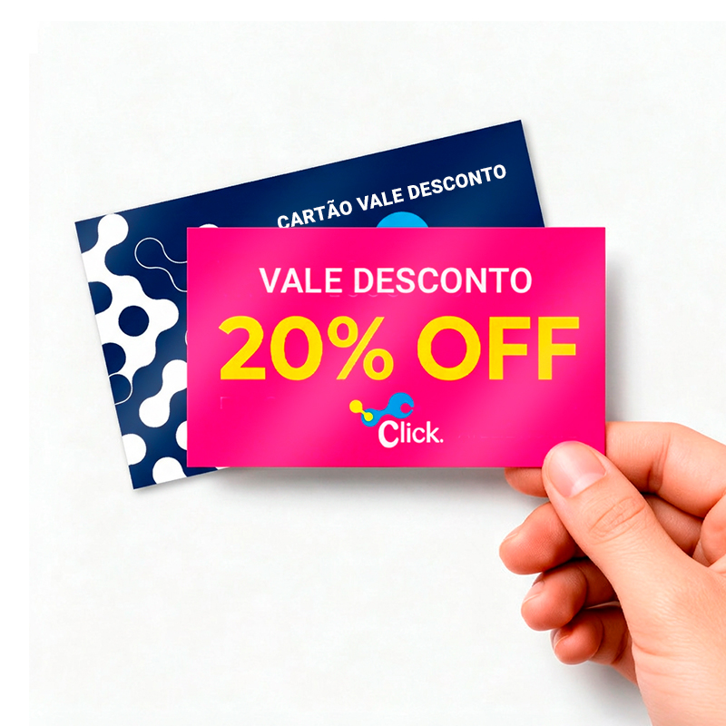 Cartão vale desconto 9x5cm, impressão frente e verso, corte reto